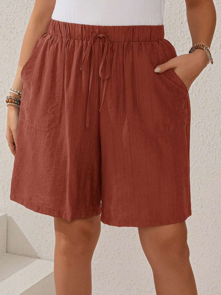 Plus Size Women's Texture Striped Elastic Waist Drawstring Pocketed Straight Dark Blue Shorts For Summer Women Plus Size Shorts Wide Leg Shorts Summer Spring Spring Women Spring