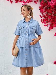 SHEIN 时尚休闲孕妇牛仔A字连衣裙，纽扣闭合，春夏款 - 淺色水洗藍 - 查看 6