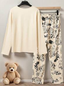 男童杏色虎纹针织面料舒适柔软长袖上衣和裤子两件套休闲睡衣套装 - 杏色 - 查看 2