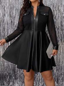 SHEIN Clasi Đầm dáng rộng phối lưới tương phản, khóa kéo, thích hợp cho mùa thu. - màu đen - Xem 8
