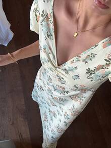 DAZY Camisola Longa Feminina com Estampa Floral Romântica em Toda a Peça, Mangas de Princesa, Franzido no Busto, Cintura Franzida, Recortes de Renda - Amarelo - Visão 5