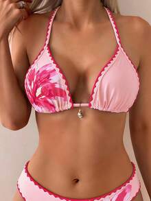 Swim Vcay Maillot de bain 2 pièces pour femmes, Top à col ras-du-cou avec nœud, imprimé floral, ensemble de natation décontracté et pour les vacances - Multicolore - Voir 4