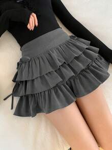 FRIFUL 女士多层蛋糕裙，带蝴蝶结装饰，甜美迷你裙 - 灰色 - 查看 5