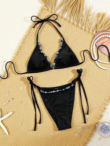 Swim SXY Conjunto de bikini sexy para mujer con escote halter, atado lateral, recortes, decoración de cadena con cuentas y espalda descubierta - Negro - Ver 4