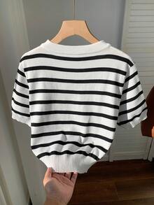 SHEIN EZwear Áo len ngắn tay kẻ sọc đen trắng dành cho nữ - Đen và trắng - Xem 4