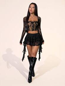 SHEIN PETITE Chân váy ren sóng cạp thấp dáng suông phối cùng quần short ngắn để che chắn hở hang, thích hợp cho kỳ nghỉ, phong cách bohemian, tiệc tùng, lễ hội. - màu đen - Xem 2