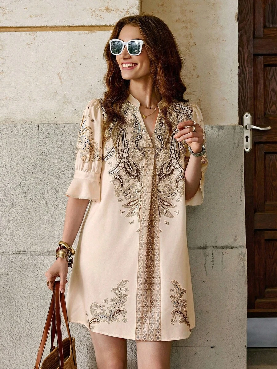 Solivie 女士中袖印花情人节春夏连衣裙，情人节套装 - 杏色 - 查看 1