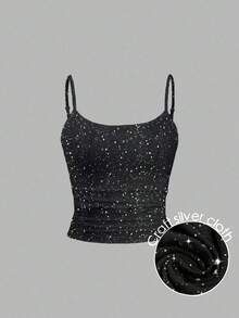 EMERY ROSE Hot-Stamped Silver Strap Vest, Women's Plus Size Strap Vest, Casual And Comfortable Hot-Stamped Silver Strap Vest. - Black - View 1