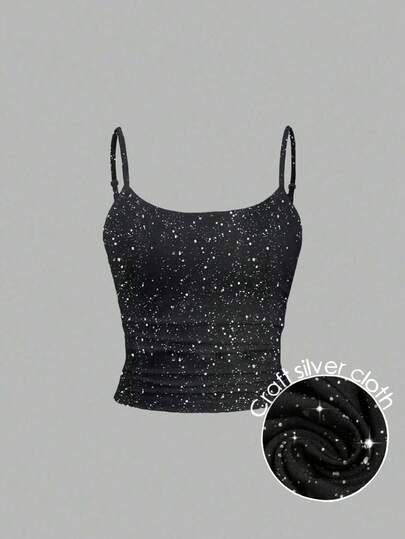 EMERY ROSE 烫金银色吊带背心，女士加大码吊带背心，休闲舒适的烫金银色吊带背心。