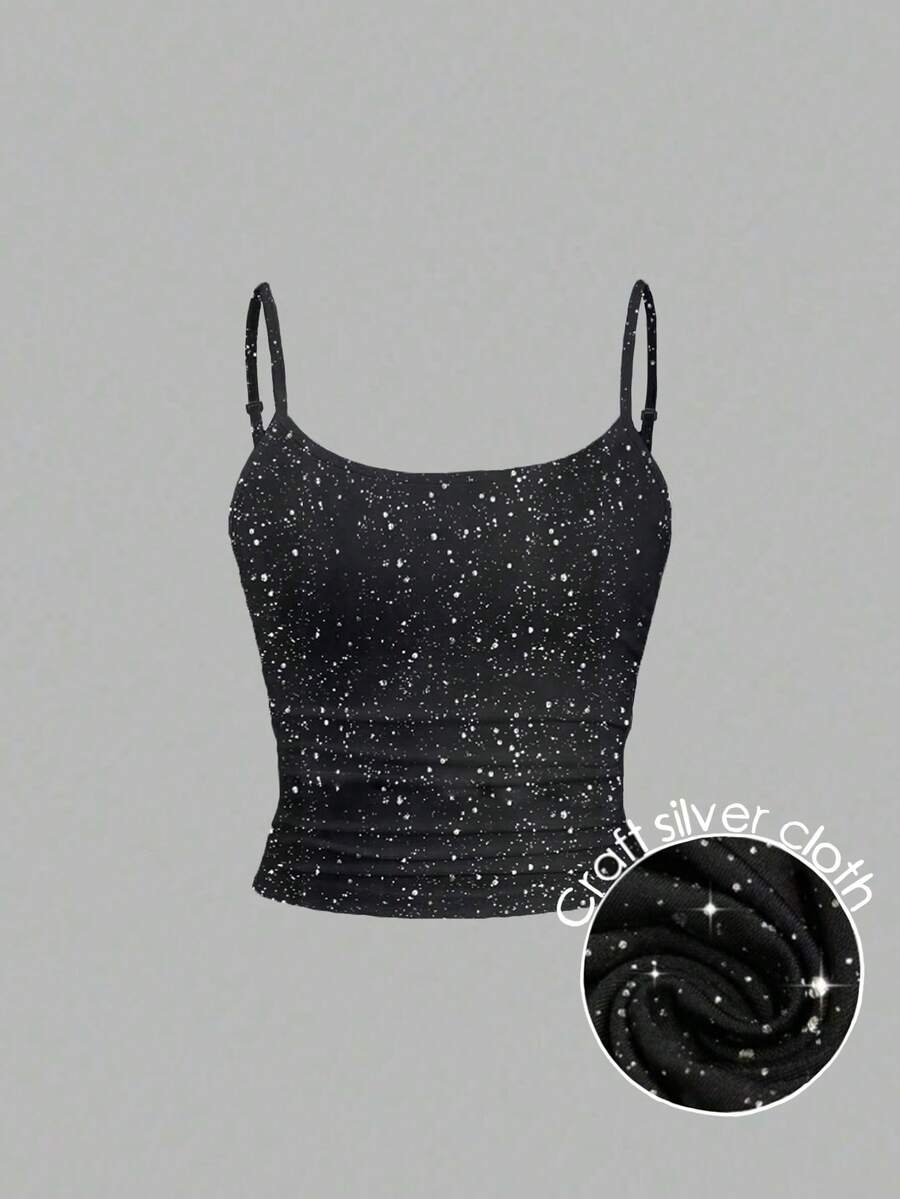 EMERY ROSE Hot-Stamped Silver Strap Vest, Women's Plus Size Strap Vest, Casual And Comfortable Hot-Stamped Silver Strap Vest. - Black - View 1