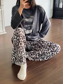 DAZY Happy Dog Print Loose T-Shirt Top & Leopard Allover Print Pajama Pants Women Sleepwear Set - Dark Grey - View 4
