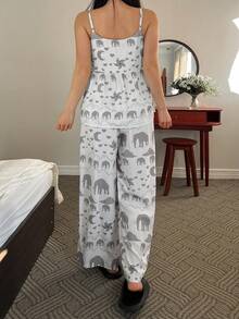 DAZY Animal Silhouette Print Camisole Top And Loose Pajama Pants Women Sleepwear Set - White - View 2