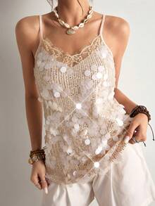 Freevana Women's Fashion Lace Trim Sequin Camisole For Summer - Apricot - View 4