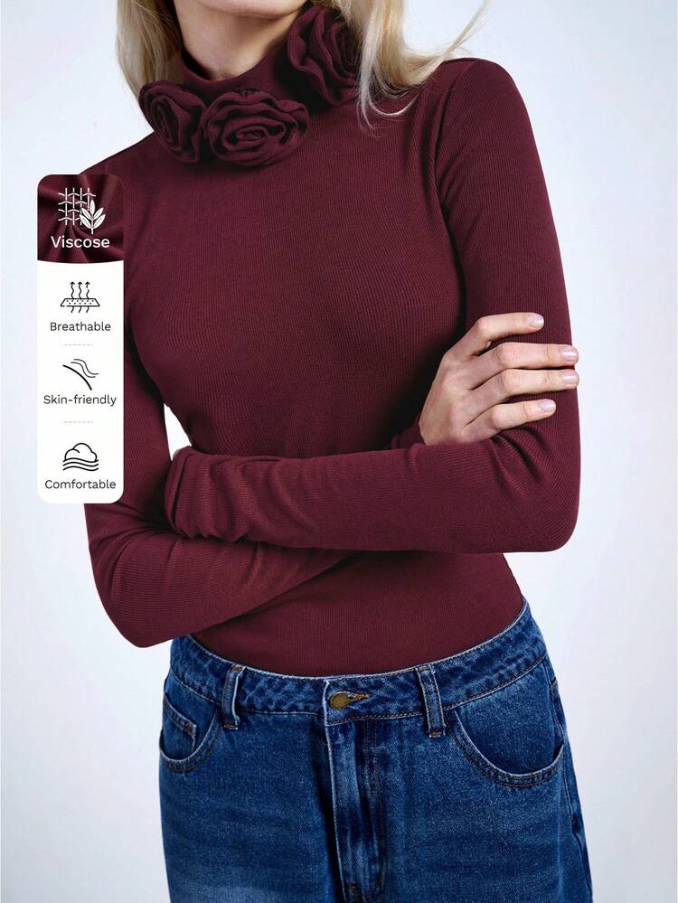 SHEIN Maija Women's Fuchsia Collar 3D Floral Decor Versatile Elegant Chic Modern Fashion Fitted Comfortable Round Neck Long Sleeve Pullover Suitable For Valentine's Day Festival