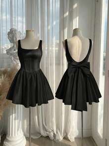 SHEIN MOD 女士加大码白色蝴蝶结装饰迷你连衣裙、正式派对礼服、端庄连衣裙、优雅连衣裙、派对礼服、毕业礼服 - 黑色 - 查看 6