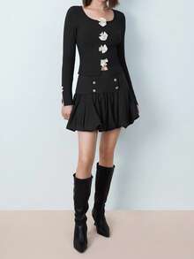 Maija 女士撞色花卉压花白色百搭保暖舒适百搭优雅长袖上衣，适合情人节节日穿着 - 黑色 - 查看 7