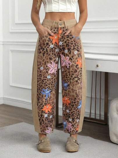 EMERY ROSE Women's Patchwork Leopard Floral Print Pocket Wide Leg Loose Jeans