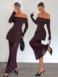 Siren Gaze New Autumn/Winter Wine Red Striped Off-Shoulder Lace Patchwork Dress For Women Spring Valentine's Day Elegant