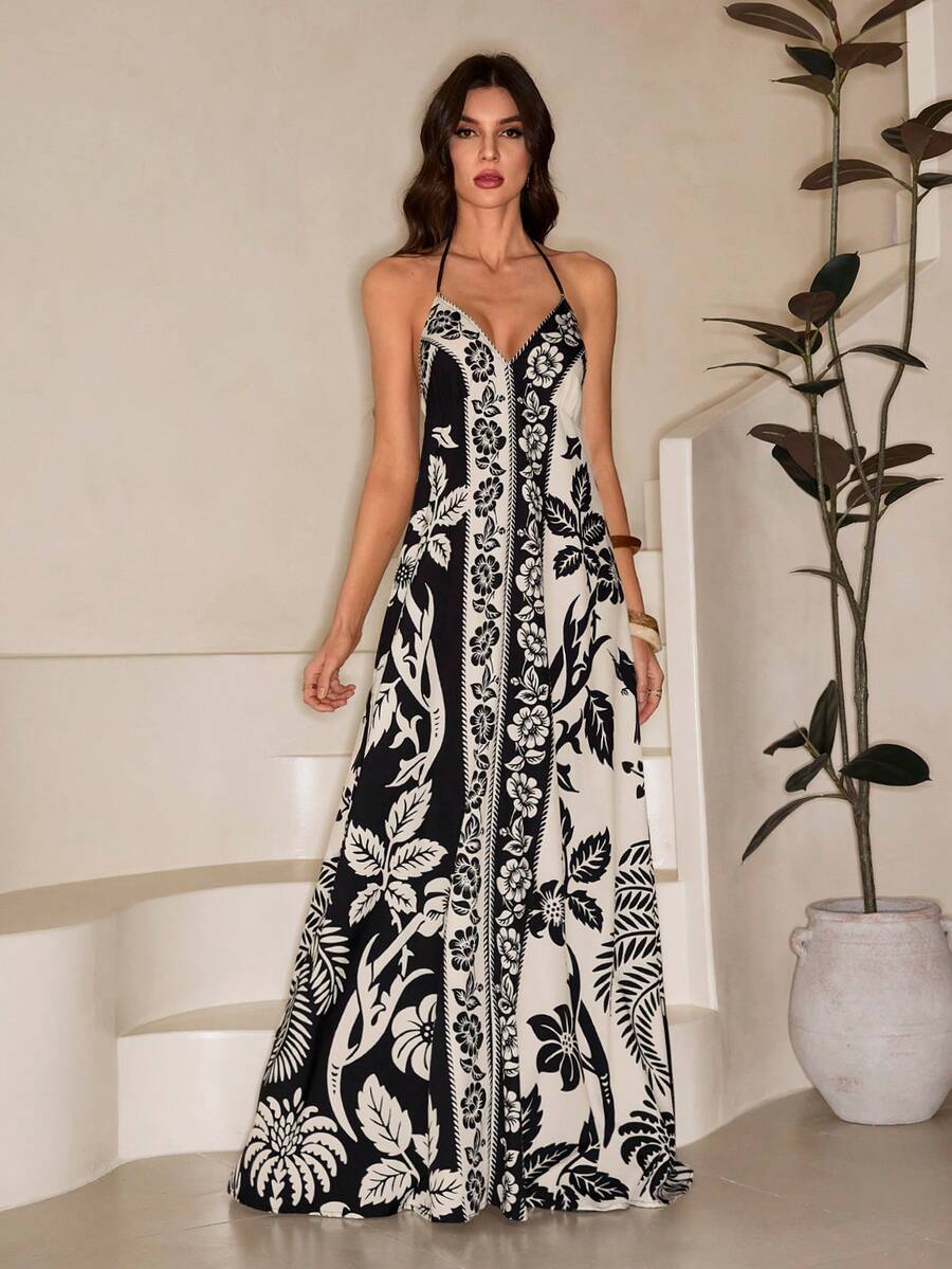 SHEIN Tall 女士度假热带波西米亚风花朵椰树印花吊带系带休闲沙滩夏季长裙 - 彩色 - 查看 1