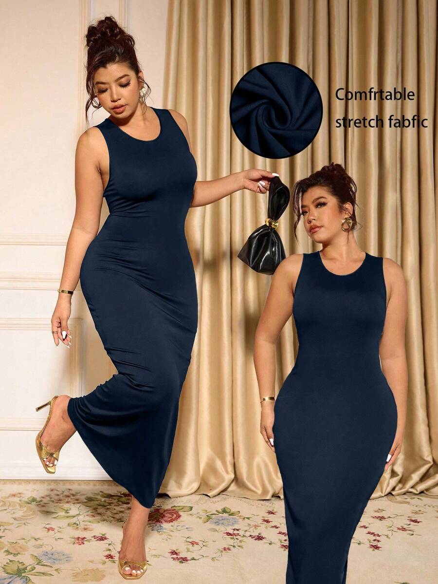 Cravure Robe camisole ajustée décontractée à col rond de couleur unie pour grandes tailles - bleu indigo - Voir 1