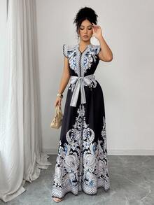 Elenzga 女士印花V领短袖阔腿优雅连体裤 - 彩色 - 查看 6