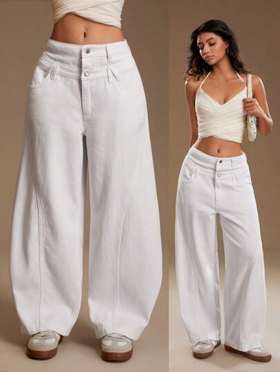 TRNVIE Women's Casual Daily Solid Color Slant Pocket Loose Fit Denim Pants