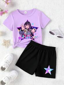 2件套少女时尚彩色明星及韩流女团67 SIX SEVEN字母印花圆领短袖T恤上衣和短裤套装，适合夏季外出穿着 - 彩色 - 查看 3
