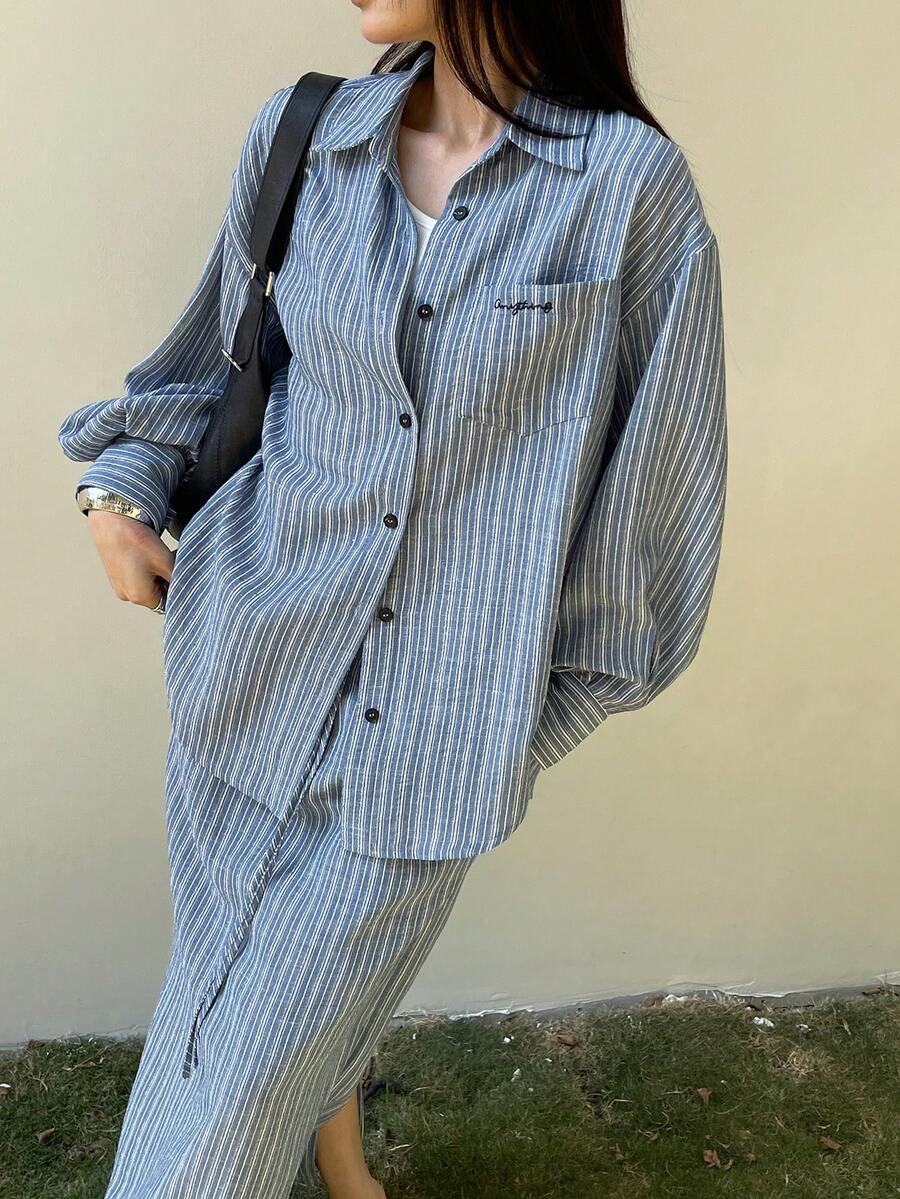 DAZY 2件套女士条纹宽松长袖翻领衬衫和直筒长裙休闲度假套装，春夏款 - 藍色 - 查看 1