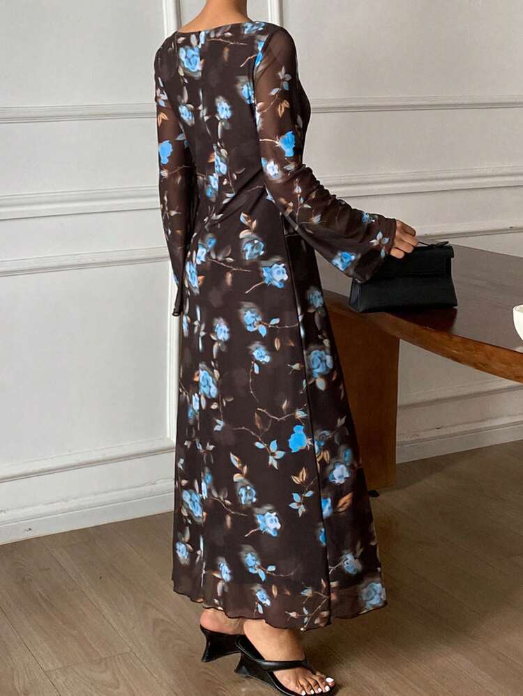 Floral Print Dress, Elegant Vacation Wear, Long Sleeve Round Neck Flare Cuff, Spring/Autumn Sundress