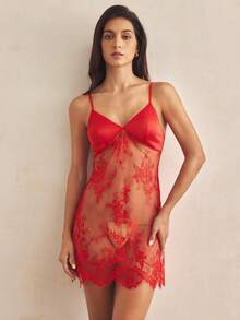 Charlaine 女士蕾丝拼接透明吊带性感睡衣睡裙 - 紅色 - 查看 2