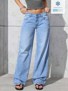 SHEIN PETITE 女士口袋纽扣休闲百搭通勤宽松牛仔阔腿裤 - 淺色水洗藍 - 查看 3