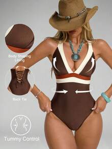 Shapewave 1pc Women's Patchwork One-Piece Swimsuit, Brown, Orange, Beige, Criss-Cross Back, Tummy Control, Cinched Waist - Brown - View 1