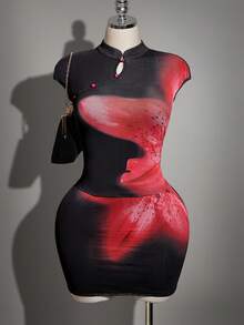 SHEIN ICON Plus Size Women's Retro Sexy Elegant Fashion Urban Modern Bold Individual Avant-Garde Valentine's Day Outfit Millennial Style Y2K New Chinese Style Mesh Black Base Red Flower Print Small Stand Collar Slim Fit Set - Black - View 6