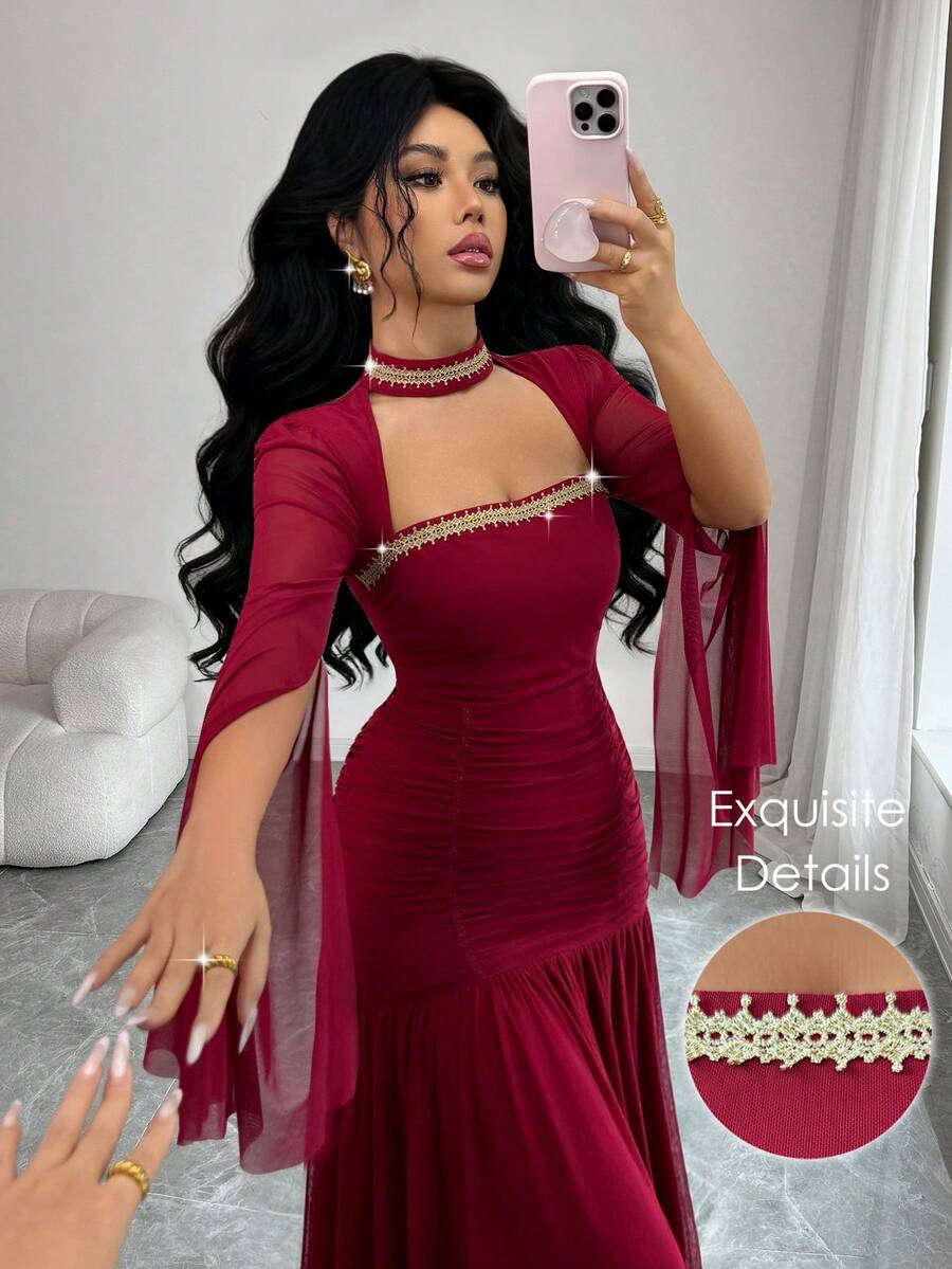 Elenzga 女士春季休闲情人节镂空袖美人鱼正式披肩袖收腰优雅晚礼服 - 紅色 - 查看 1