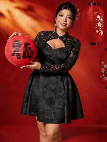 Elenzga Plus Size Chinese Style Lace Jacquard Waist Fit And Flare Dress, New Year Collection Plus Size Club Dress Plus Size Goth Dress Sexy Plus Size Dress Plus Size Cocktails Dress Black Lace Dress Plus Chinese New Year Chinese New Year Plus Size Corset Dress Plus Size Black Elegant Dress Black Party Dress Qipao Dress Lace Insert Dress Cheongsam Dress Chinese Style Dress - Black - View 1