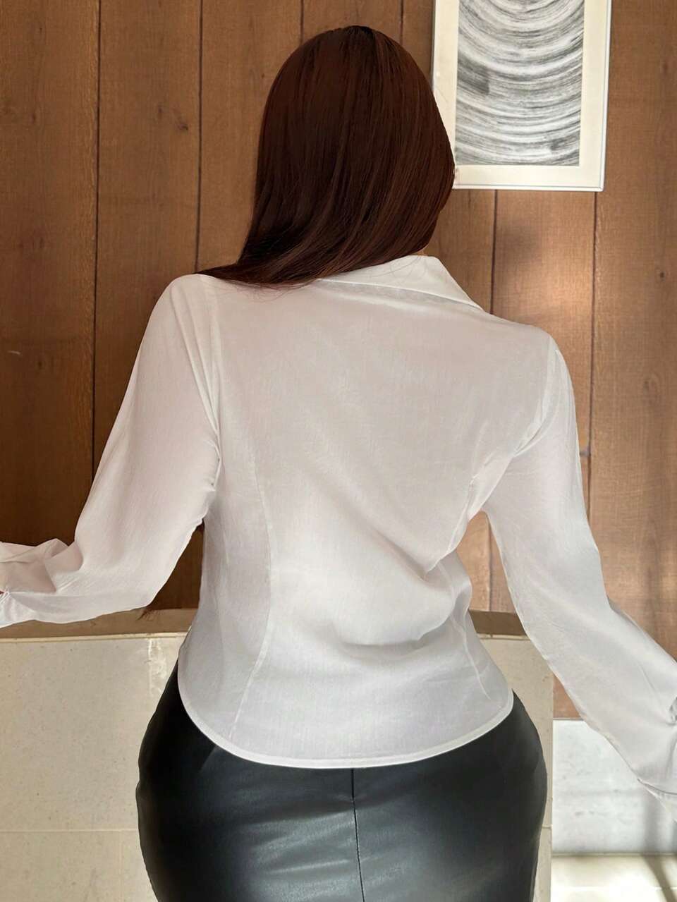 Plus Size Women Solid Color Contrast Lace Elastic Cropped Long Sleeve Shirt, Spring/Summer