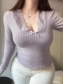 Dazy Plus 撞色蕾丝性感修身露脐长袖百搭T恤，柔和紫色，春秋季 - 淡紫色 - 查看 3