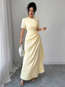 Elenzga Đầm Maxi Tay Ngắn Dáng Chữ A Cổ Tròn Xếp Ly Eo Cho Nữ, Phong Cách Đường Phố Retro Pháp Thanh Lịch, Tối Giản, Phù Hợp Mặc Thường Ngày, Trang Trọng, Công Sở, Kỳ Nghỉ, Xuân/Hè - Màu vàng ngỗng - Xem 3