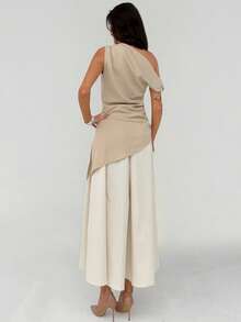Aloruh Modern Beige Set,Elegant Summmer Vacation One-Shoulder Cinched Waist Metal Buckle Top & Straight-Leg Pants,Dignified Office Wear & Casual Outfits - Multicolor - View 8