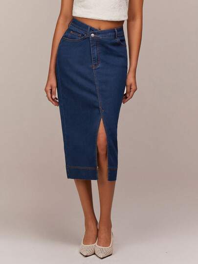 COSMINA Women's Asymmetric Slit Denim Pencil Skirt, Casual Elegant Office Commute Fashion High Waist Asymmetric Denim Skirt