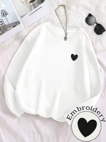 EMERY ROSE 女士休闲爱心刺绣卫衣，秋冬款 - 白色 - 查看 4