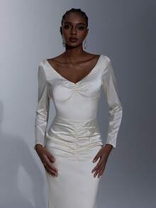 Elitara Elegant Minimalist Cream Satin Long Sleeve Pleated Front, Sexy Open Back Ruffle Trim Mermaid Hem Formal Gown, Evening Dress, Party Dress - Apricot - View 7