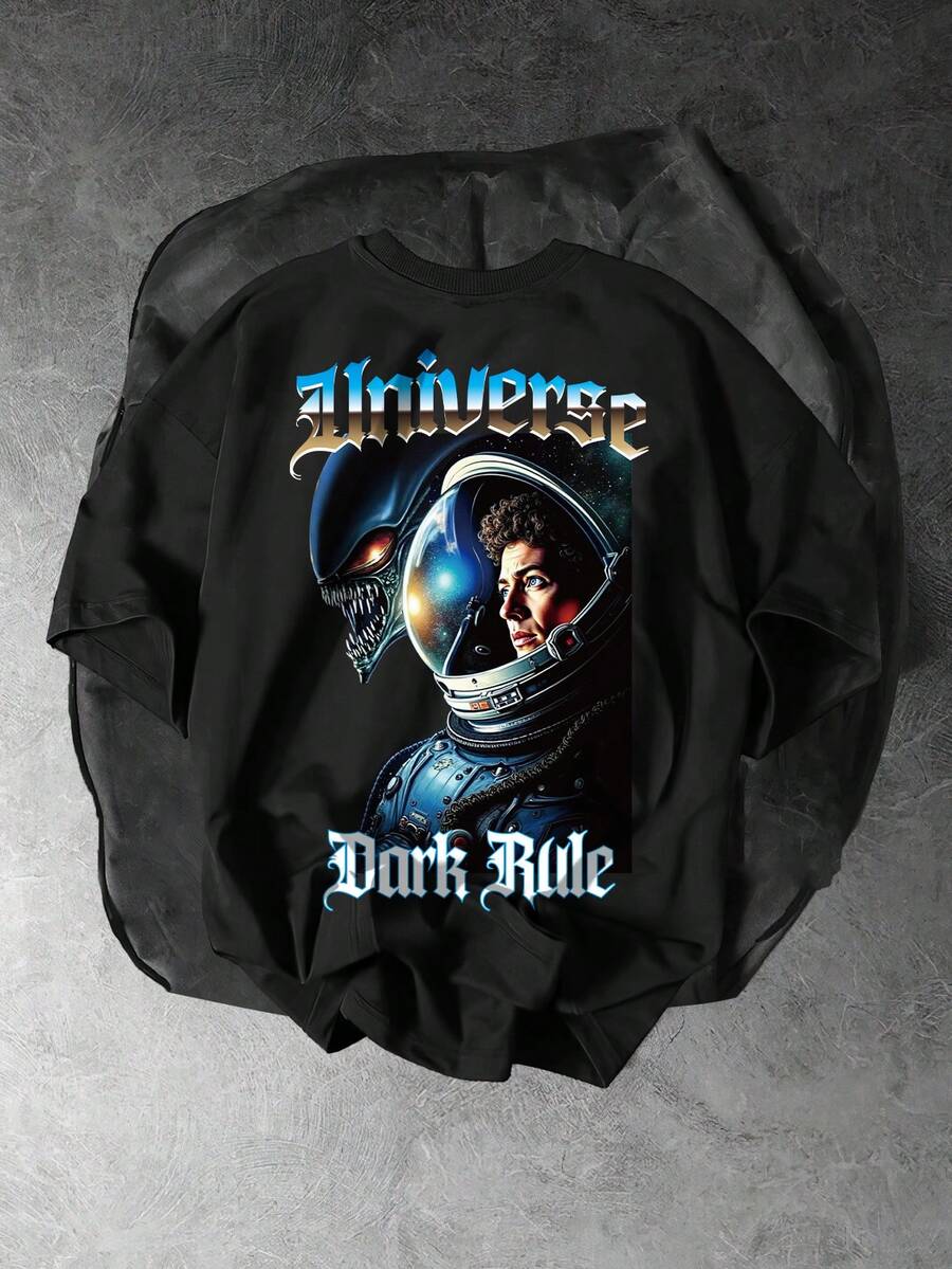 GENIUS ODE Men's Casual Round Neck Short Sleeve Astronaut Graphic T-Shirt, Summer - Black - View 1