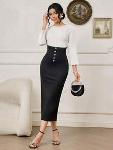 Modelyn 女士优雅撞色纽扣装饰七分袖中长连衣裙 - 黑與白 - 查看 5