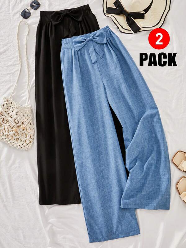 SHEIN 少女弹力腰带蝴蝶结装饰宽松阔腿休闲裤，适合日常休闲、度假、春夏秋季穿着。