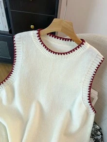 GlowEve CURVE 早春新款简约通勤百搭米色拼接酒红色手工钩边圆领宽松女式针织背心 - 米色 - 查看 4
