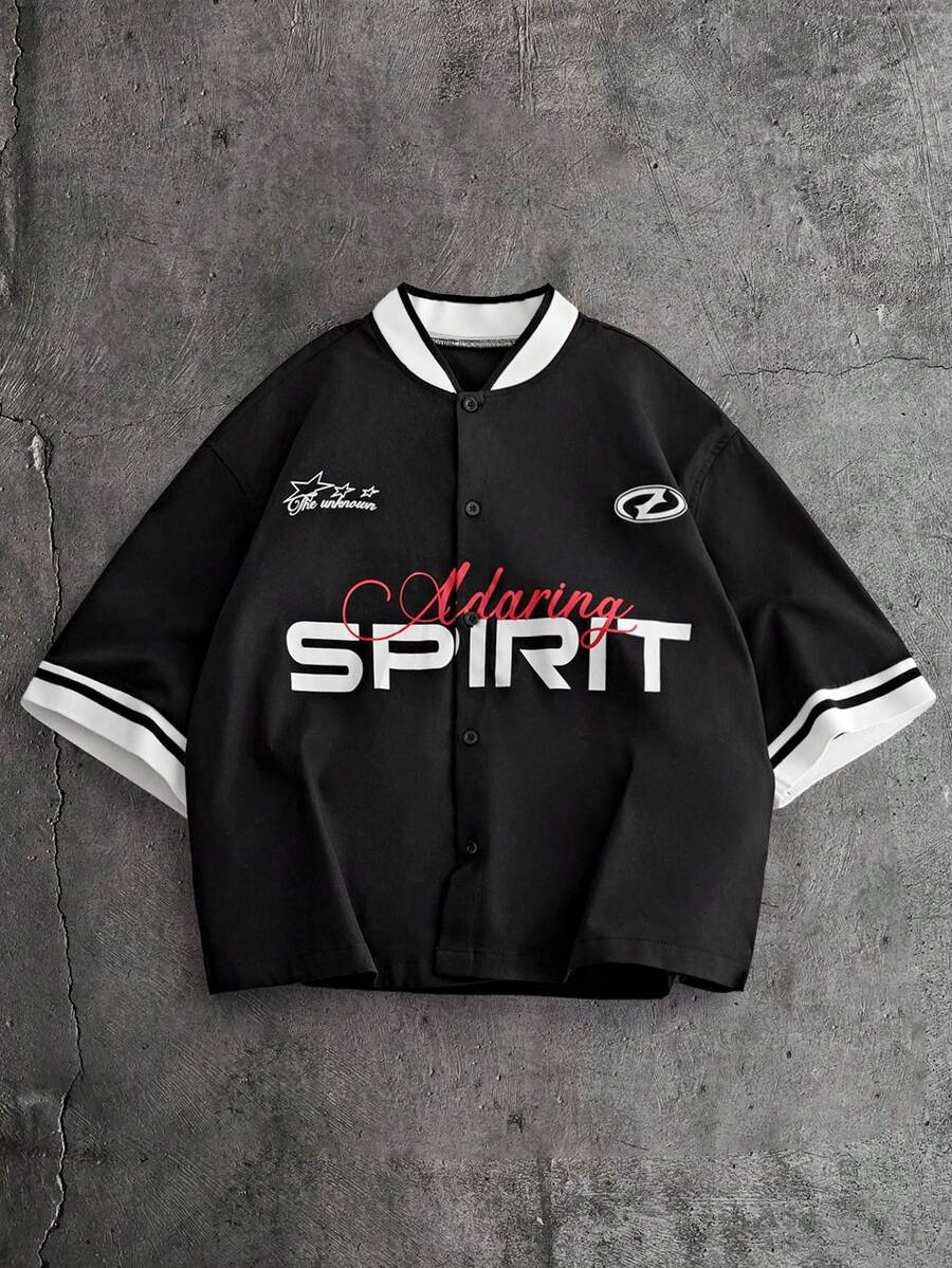 AXEPEAK Áo sơ mi nam tay ngắn cài cúc phía trước, in chữ và sọc. - màu đen - Xem 1