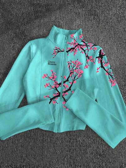 Glimmora Y2K-stil blommigt slogantryck fleecejacka, trendig avslappnad sportjacka med dragkedja och smal passform för kvinnor, lämplig för utomhusresor, present