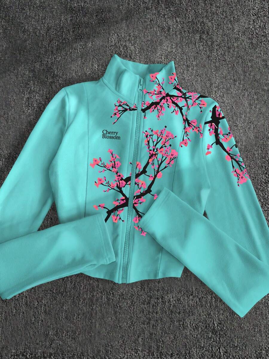 Glimmora Y2K风格花卉标语印花抓绒外套，时尚休闲运动拉链修身长袖女式外套，适合户外旅行，礼品 - 彩色 - 查看 1