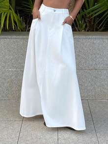 DAZY 女士常规腰围褶裥长裙，休闲度假风牛仔A字裙 - 白色 - 查看 2
